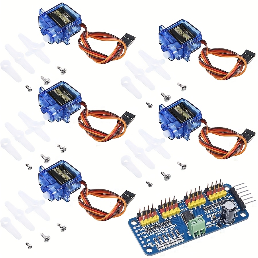 Robot Arm Motor - SG90 9Gサーボモーター5個 + 16チャンネルPWMサーボドライバーPCA9685 IICモジュール12ビットキット、RCロボットアーム、ヘリコプター、飛行機、車両、Arduinoリモートコントロールに適しています。